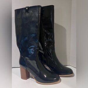 Leila Stone Vegan Black Patent Leather Cynira Knee-High Boots Block Heel Size 10